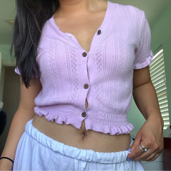 Korean Lavender Cable Knit Button-Down Cardigan Top with Puff Sleeves - Picture 2 of 5